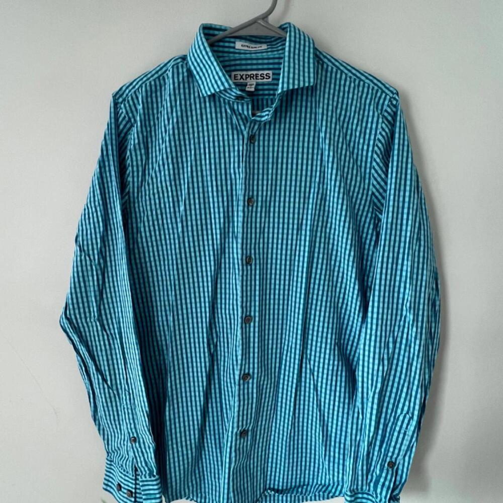 Express Extra Slim Fit Button-Up Shirt - Size M, Blue Flannel Pattern